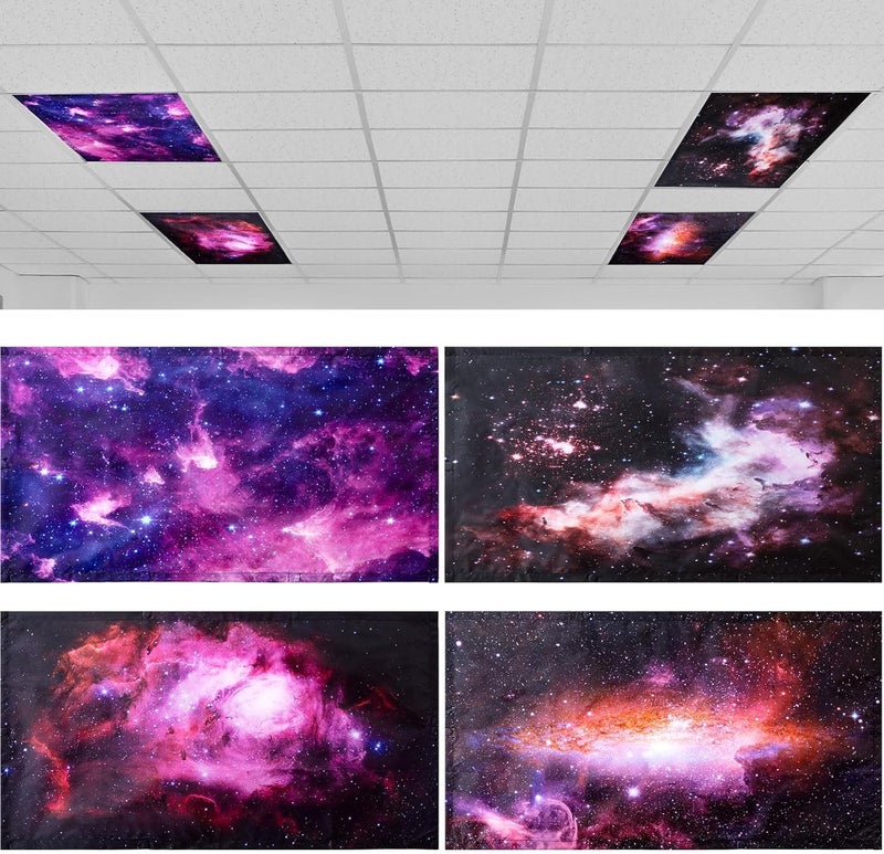 ROCEEI Pack of 4 Fluorescent Light Covers for Ceiling Lights, 4 x 2 Ft, Magnetic Light Covers for Classroom Office Home School Ceiling Decor(Nebula) - Image 1